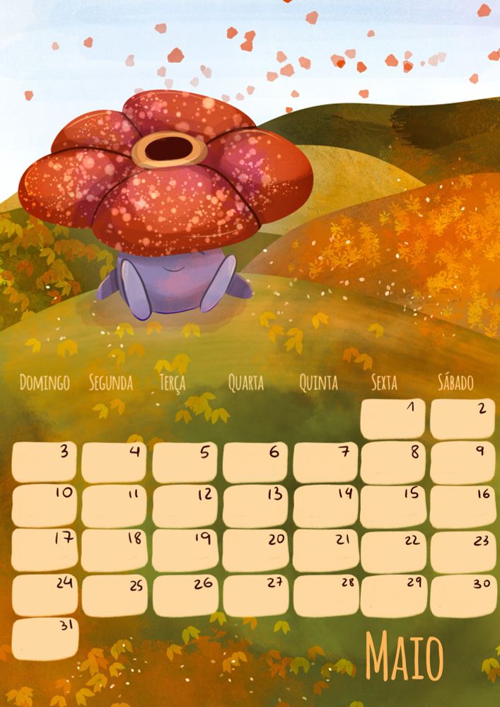 Uma vileplume sentada num gramado
Várias pétalas saindo dela 
Parte do calendário é do mês de maio 