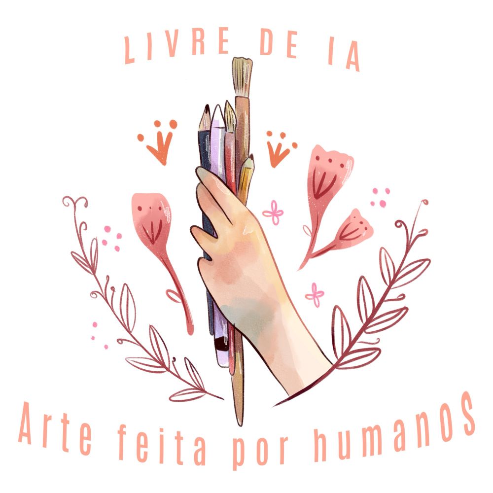 Escrito livre de ia em cima, arte feita por humanos em baixo
No meio uma mão segurando pincéis, lápis e caneta de iPad com aramescos e florzinhas em volta.