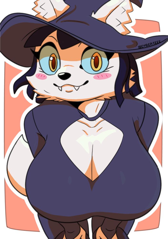 An anthro furry witch wolf bends over, exposing her cleavage