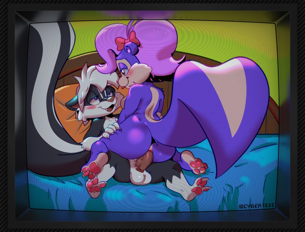 A sexually explicit nsfw digital artwork of Fifi la Fume anally riding a furry skunk on a bed.