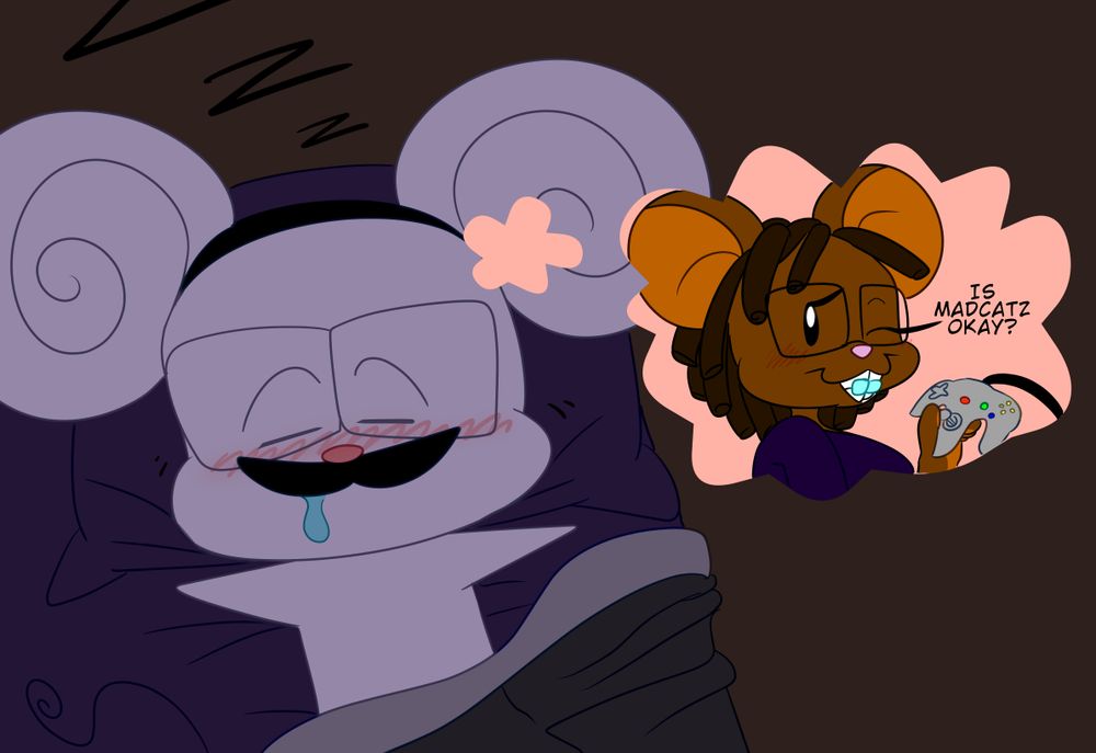 A cartoon mouse with glasses and a mustache is blushing and drooling. He is dreaming of a very similar cartoon mouse with brown fur, dreadlocks, dreads, glasses, and braces asking him "Is Madcatz okay?" while she holds up a N64 controller.