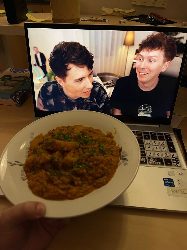 A plate of food (red potato and lentil curry garnished with chives) held up in front of a laptop playing a Dan and Phil video.