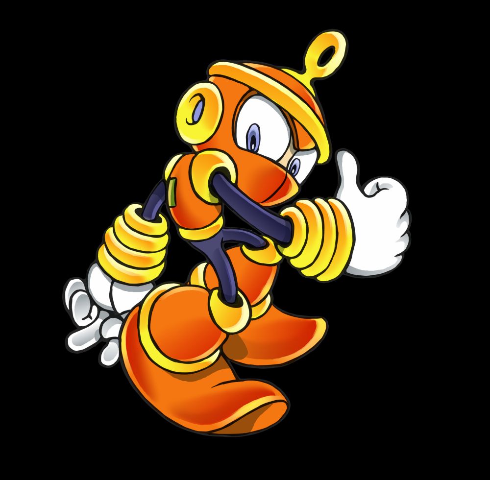 Colored digital drawing of Ringman, a robot adorned with ring gauntlets and a ring on his helmet. He is stylized similar to the Sonic Adventure art style and is standing looking over his shoulder and giving the thumbs-up