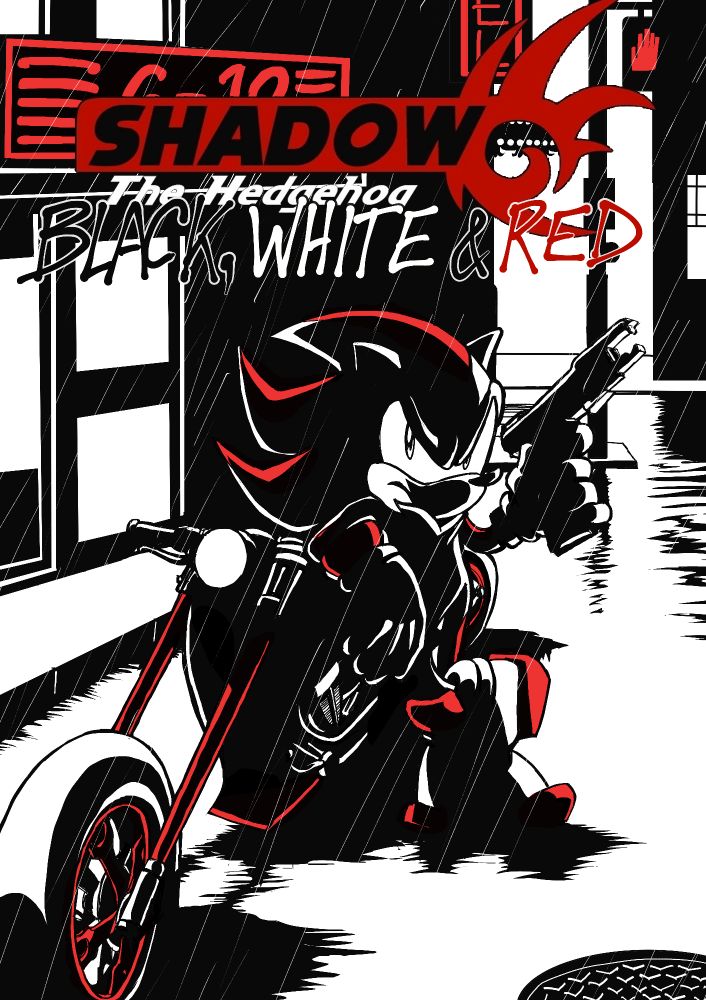 Comic cover of Shadow the Hedgehog, leaning against a motorcycle. He is holding a stylized laser gun. Shadow and his cycle are parked along a city street, with a convenience storefront to his back, and other darkened buildings in the distance. It is raining. The entire scene is drawn ib chiaroscuro black and white, with red spot color on Shadow, his bike, and a few illuminated signs in the background. Comic logo: SHADOW THE HEDGEHOG: BLACK, WHITE & RED