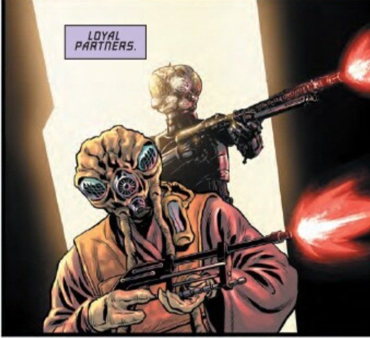 Cropped comic panel pf Zuckuss (foreground, a short insectlike humanoid bounty hunter in a respirator and robe) and 4-LOM (background, a taller insectlike android), both firing their respective rifles. Caption: "LOYAL PARTNERS."