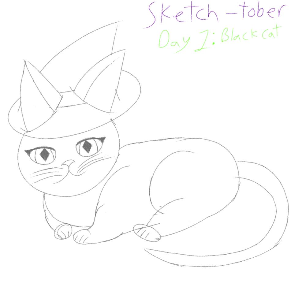 Sketch of a cat laying down staringwith a witch hat 

Text reads 
Sketch-tober
Day 1: Black Cat