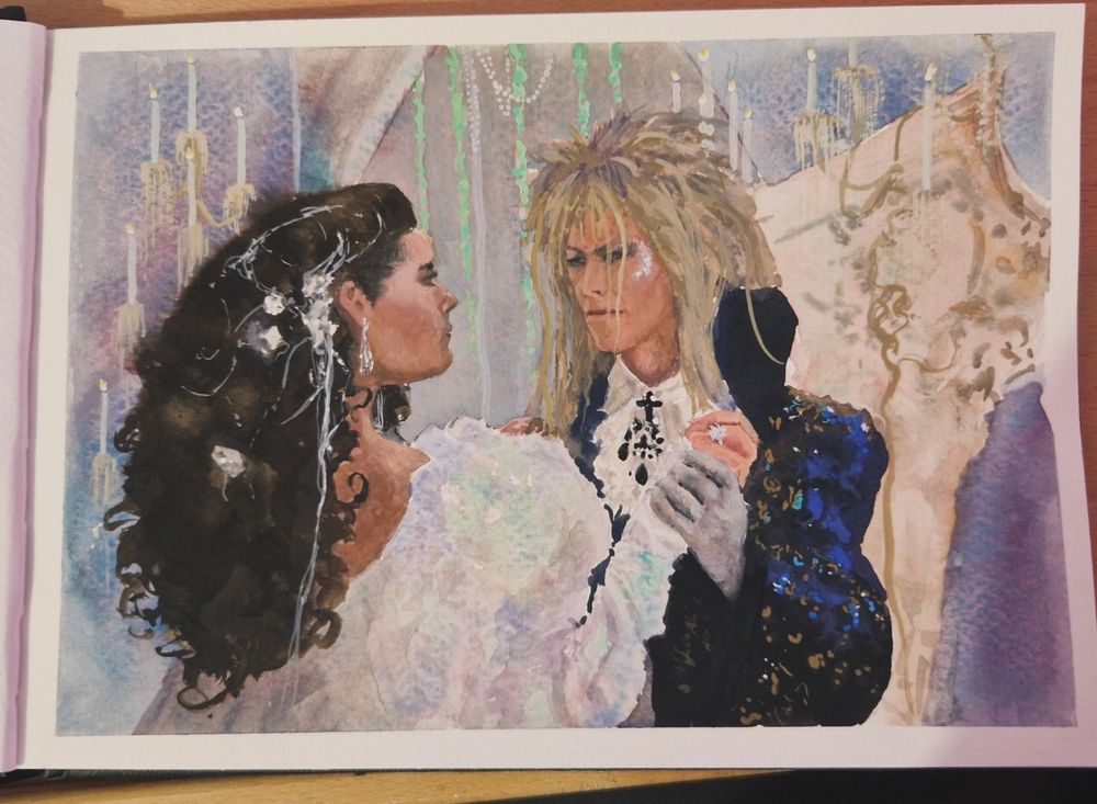 Painting of the dance scene between Jareth and Sarah from the Labyrinth. The painting is done in gouache and watercolour. Sarah is looking at Jareth. She is wearing a white dress with an iridescent sheen. Jareth is wearing a embroidered dark coat with a white ruffle collated shirt underneath. 