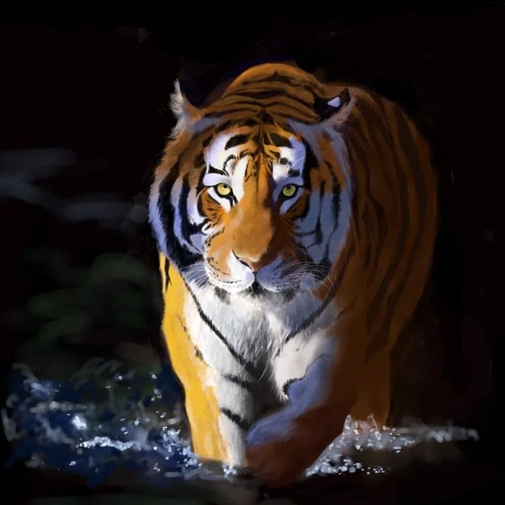 A digital artwork of a tiger in dappled sunlight walking through a dark river.