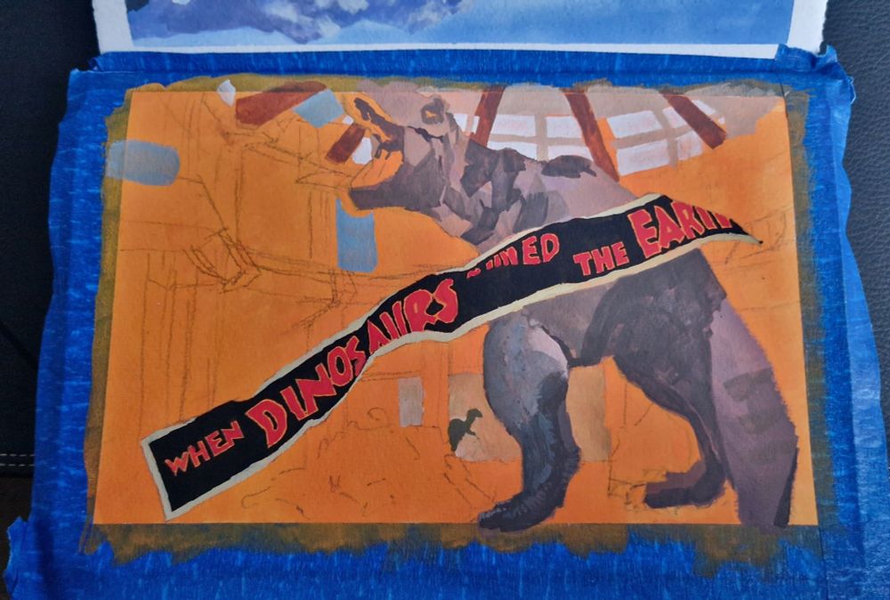 Work in progress painting of a scene from jurassic park where the T-rex is roaring while the "when dinosaurs ruled the earth" banner is falling from the ceiling inside the visitors lodge. The underpinning is in  bright orange. The banner is painted and the t-rex is blocked in with some background elements also blocked in.