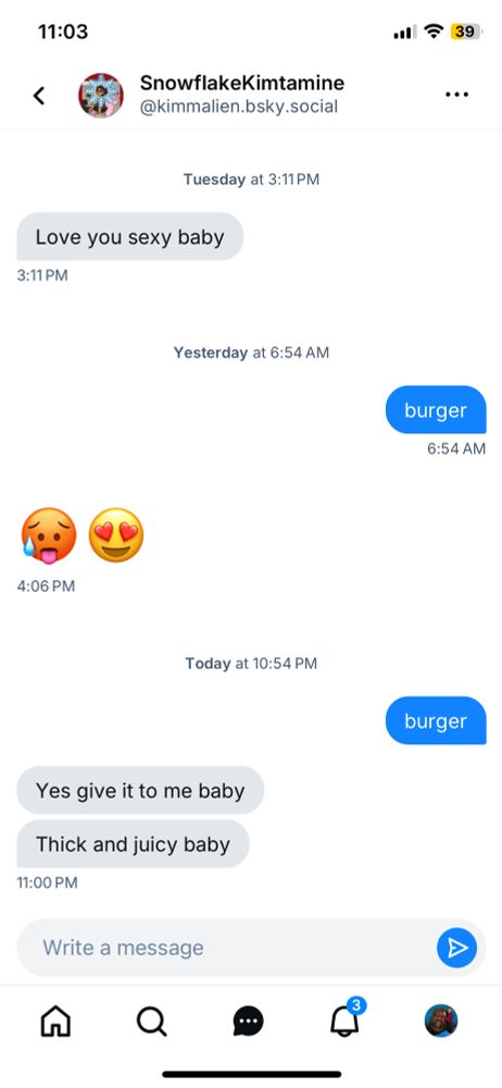 dm conversation with @kimmalien.bsky.social

kim: love you sexy baby
richard: burger
kim: 🥵😍
richard: burger
kim: yes give it to me baby
kim: thick and juicy baby