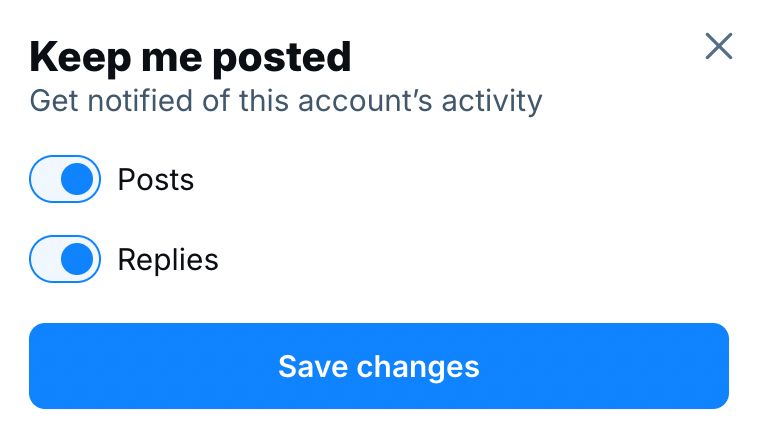 Screenshot of bsky option to "Keep me posted - Get notified of this account's activity" with toggle switches for posts and replies