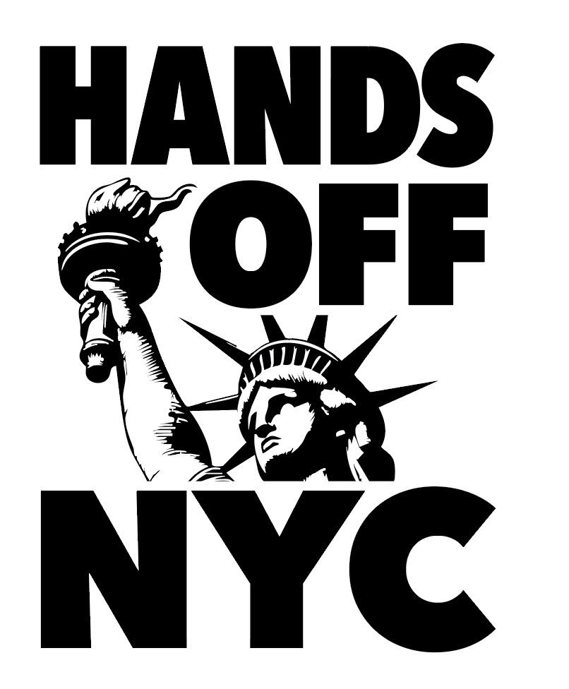 Graphic with white background, text is black. Reads Hands of NYC. Image of the statue of liberty 