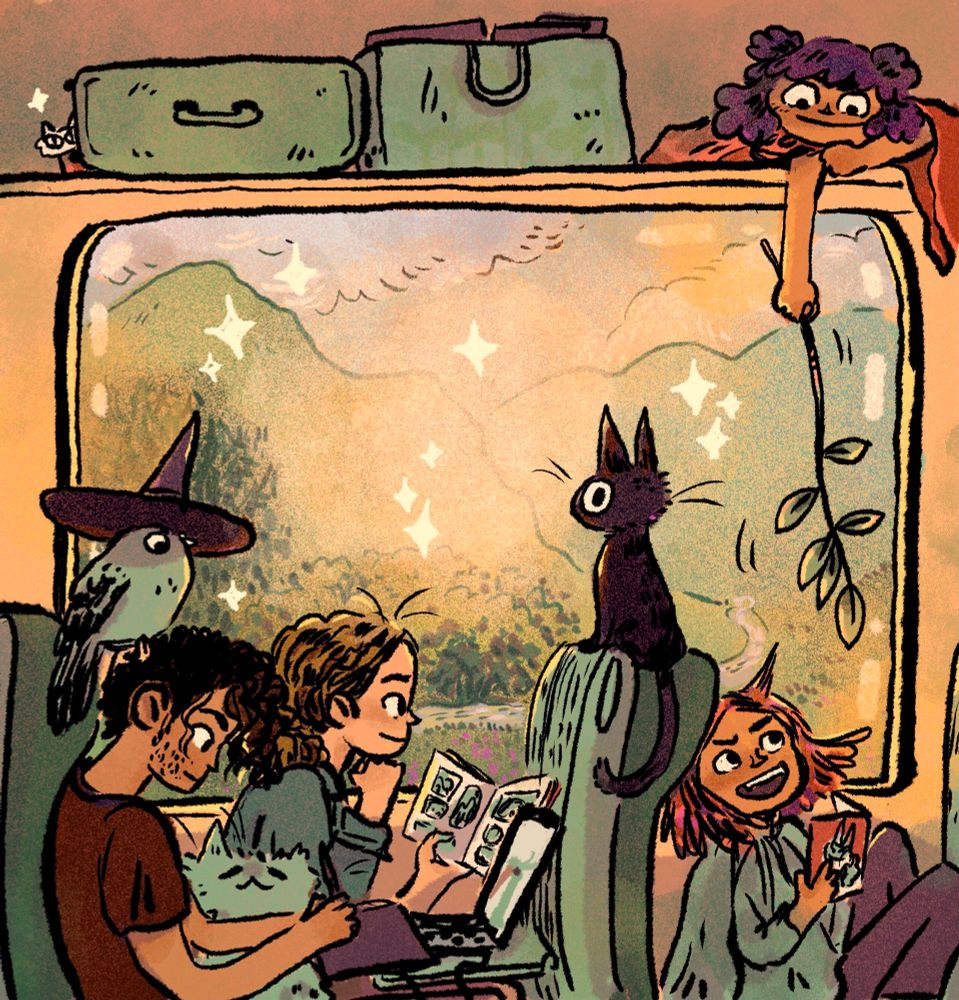 A drawing made on the train back from Glasgow to Bristol, showing me and my partner and a bunch of characters from my comics also on a train zooming through some hilly countryside.