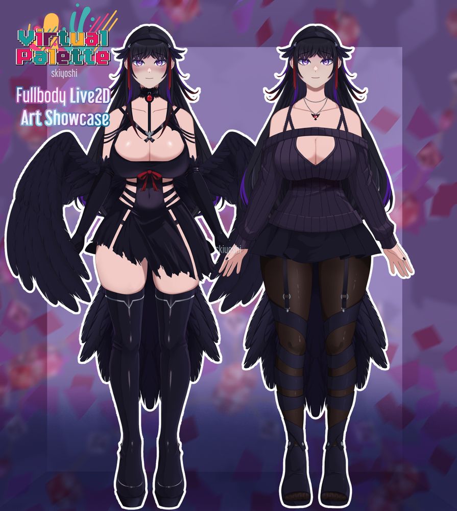 Live2D model art showcase of vtuber raventricle. She has two outfits, one with a dress and one with a casual boob window sweater. She has long black hair with red adornments. Her outfits is of dark purples and reds.