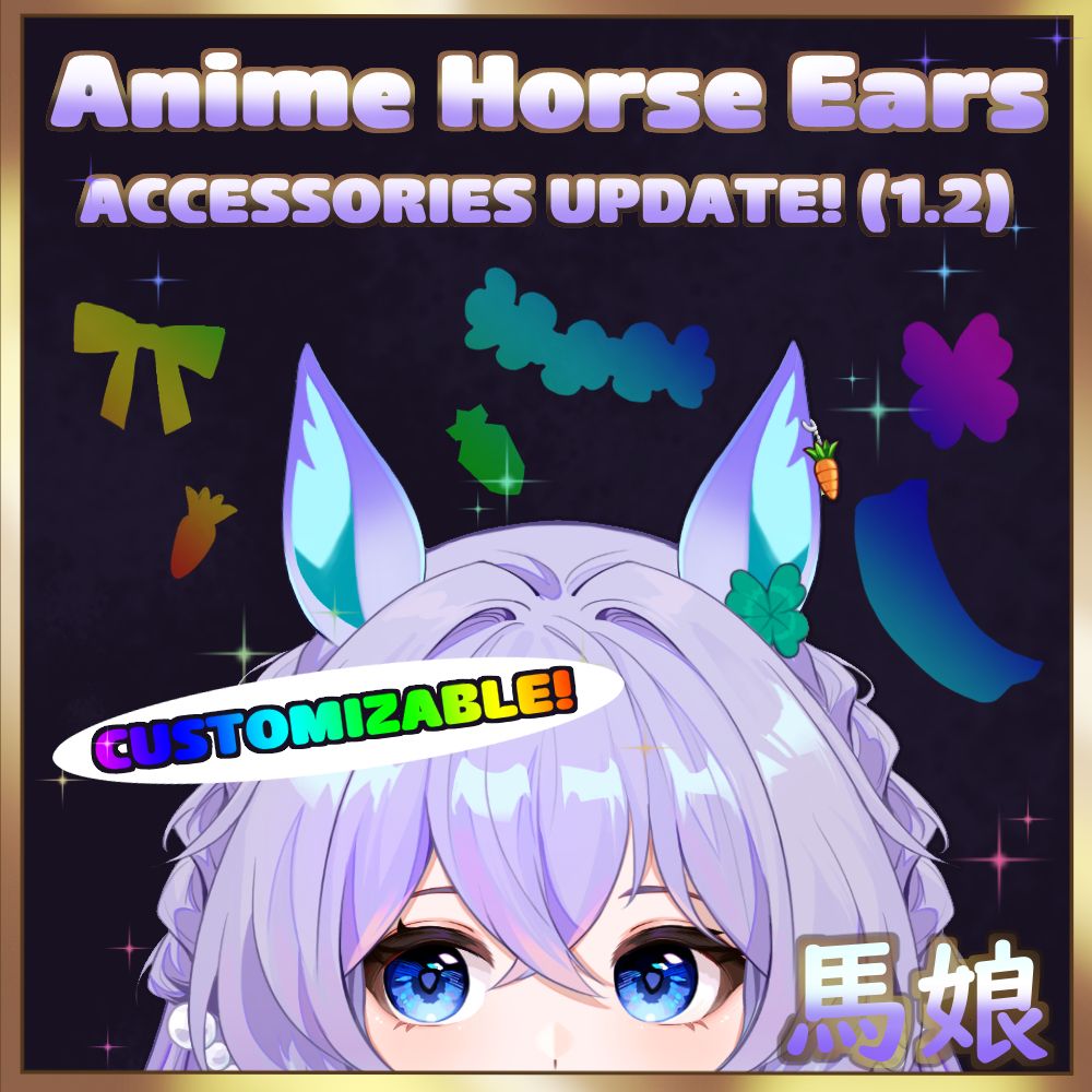 Thumbnail advertising skiyoshi's live2d umamusume inspired horse ears asset. Accessories update 1.2, saying that the accessories can be customizable!