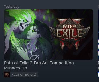 screenshot of a thumbnail post on steam about path of exile 2's fan art competition runner ups with skiyoshi's art featured in the thumbnail