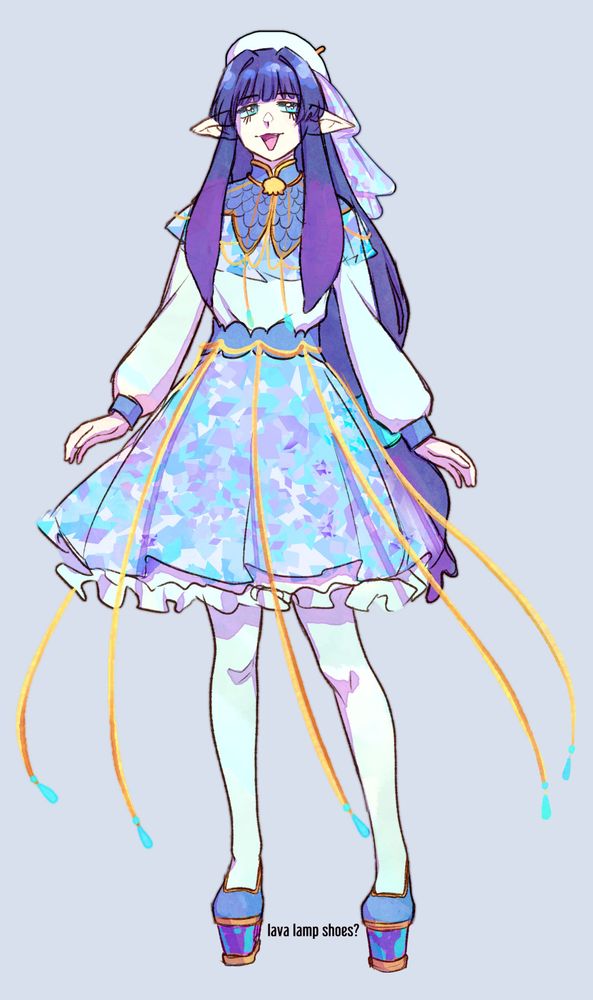 character reference for skiyoshi's character vtuber persona. she has long purple hair and a white and blue pastel outfit
