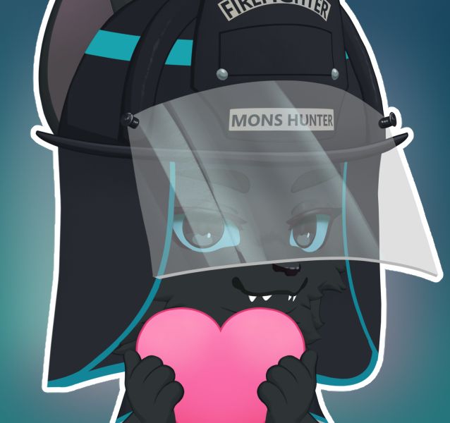 Screenshot of a furry Live2D model looking at the viewer while holding a pink heart. He's wearing a black and blue firefighter helmet that says monster hunter.