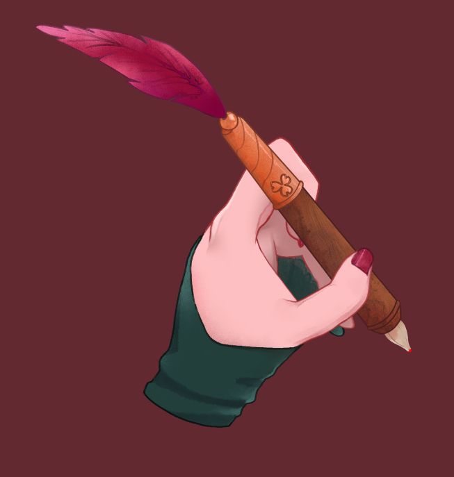 Floating left hand holding a feather pen. The nails are dark red while the hand is wearing a dark green artist glove. The pen is wooden and has a gold embellishment on top with a red feather attached.