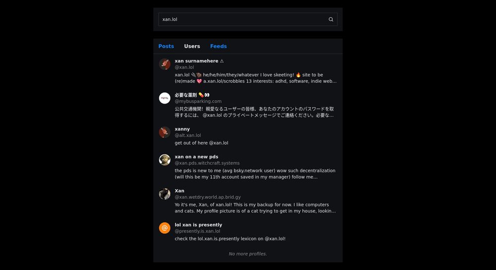 https://anartia.kelinci.net/ user search for "xan.lol" with 6 accounts, including this, my main, a bridged fediverse account, and an account on another PDS