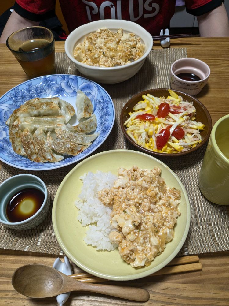 自炊記録３８９日目
麻婆豆腐、しそ餃子、細切りズッキーニツナサラダ