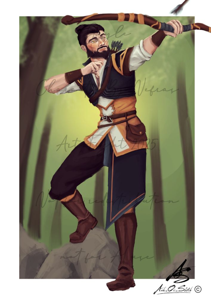 Digital painting of Nefra's character Gayle, a human archer, set in a forest, a cocky smirk on his face, firing his bow at something off screen. 