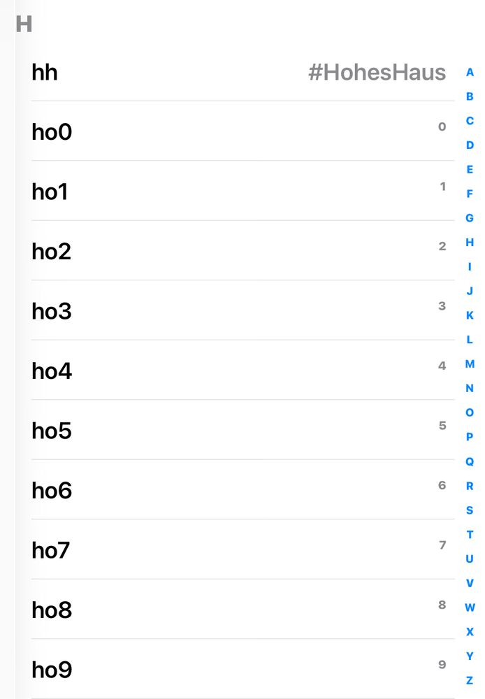 A list displaying "ho0" through "ho9" with corresponding numbers, alongside a column of letters from A to Z and a hashtag with the words "#HohesHaus" at the top.