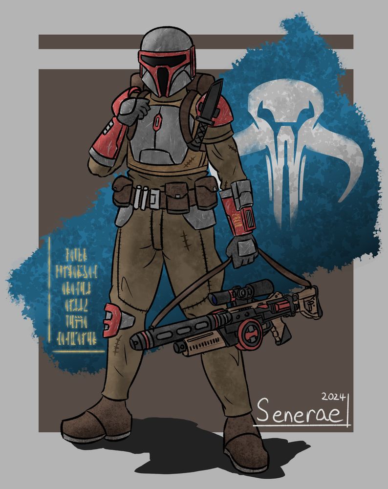 A gray and red Mandalorian recruit stands in front of a basic blue and brown background. He carries a large blaster by its strap and a backpack.