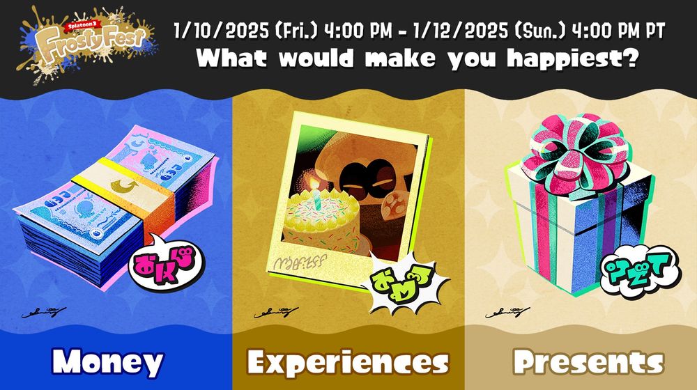 New Splatfest! The theme is: What would make you the happiest? Money vs. Experiences vs Presents