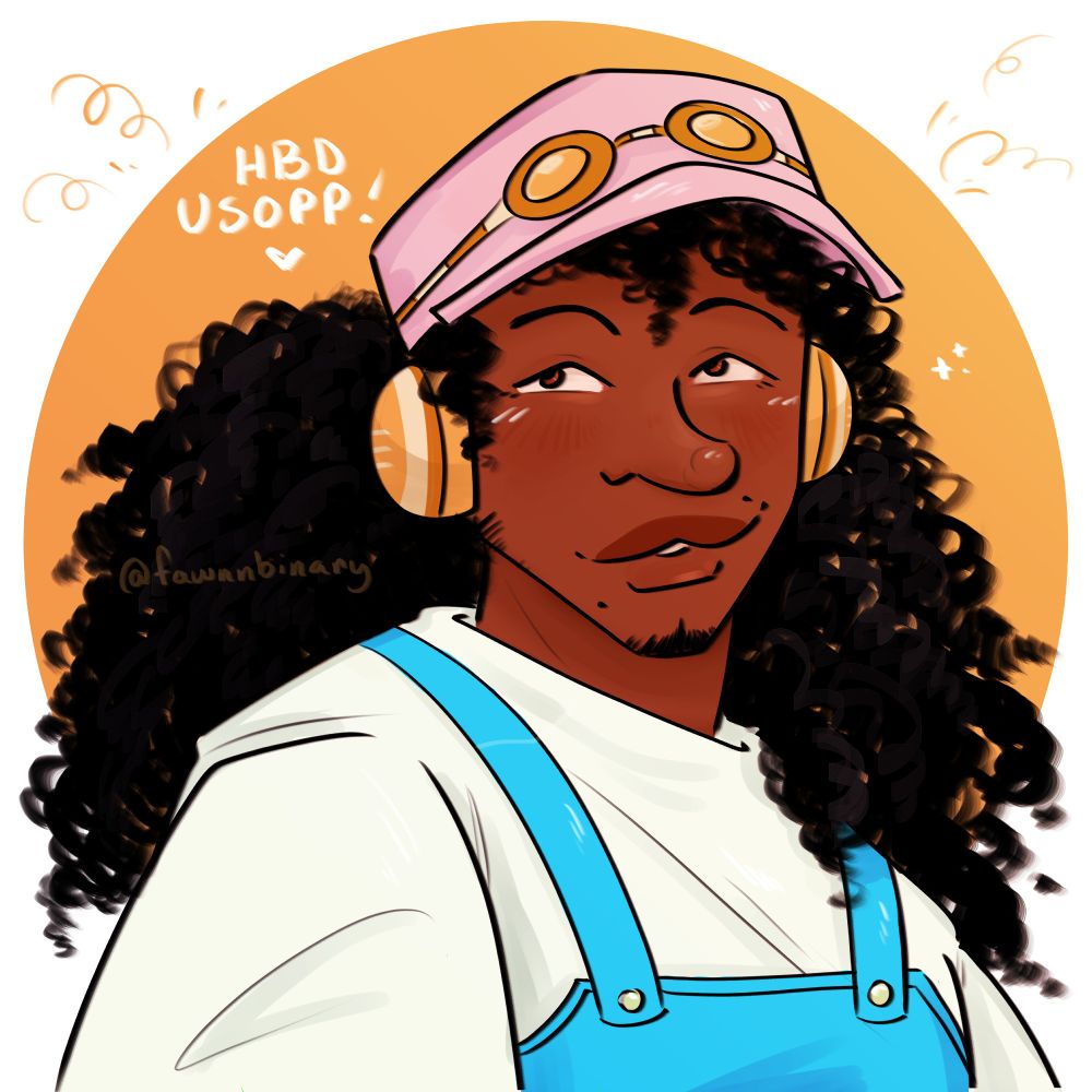 Digital drawing of Usopp from One Piece. He is a black man with a long nose, a short beard, and long coiled black hair. He wears an off-whiteshirt and blue overalls. On his head is orange headphones, a pink baseball cap, and orange goggles. Usopp smiles at the viewer