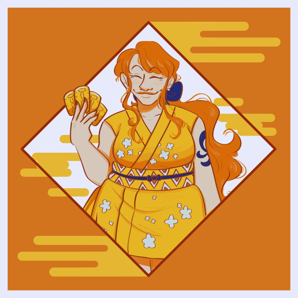 Digital art of Nami from One Piece in her ninja disguise from Wano, colored in a limited orange, yellow, white, and blue palette. Nami is shown from the thighs up in front of a white Dimond shape with a yellow and orange background.