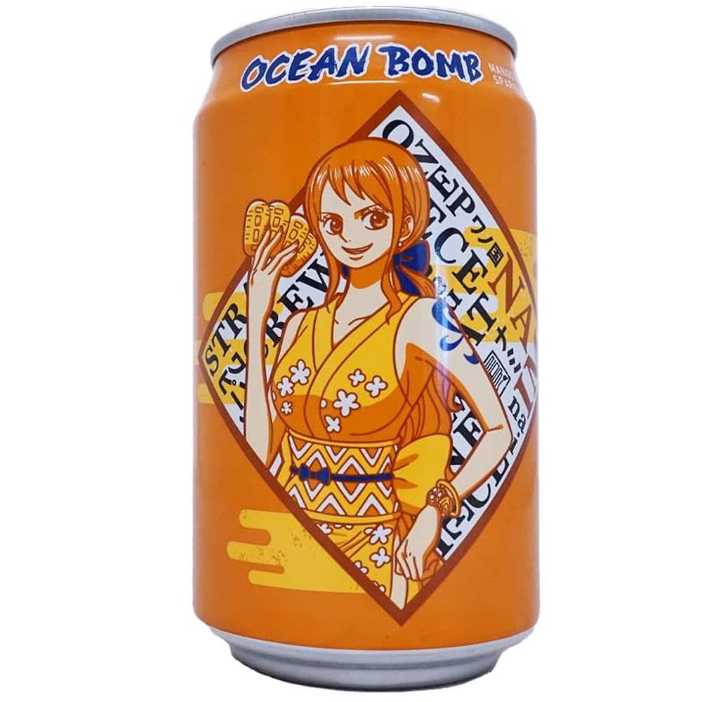 a photo of an Ocean Bomb soda with a photo of Nami in the One Piece anime on the side in the same palette and outfit from the first photo