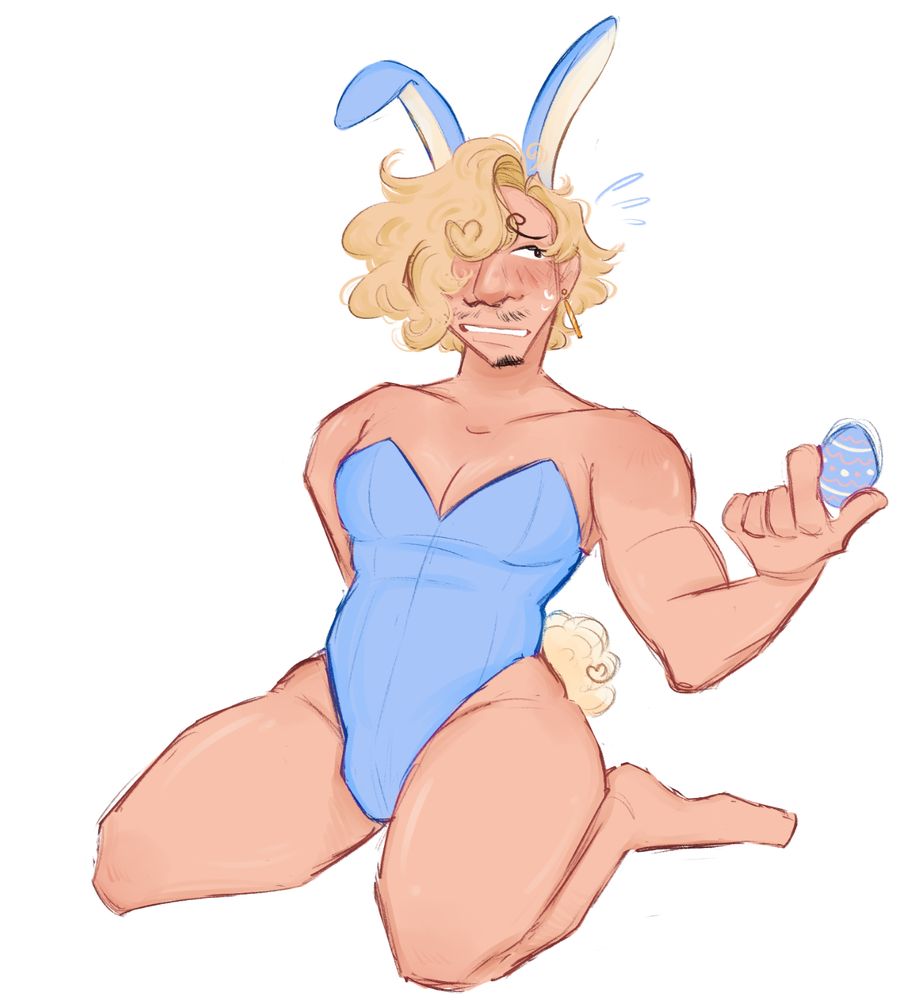 Digital art of Sanji from One Piece (post time skip). He wears a light blue bunny suit, complete with blue bunny ears on his head and a cream colored tail. He looks embarrassed, and holds a blue, white, and pink easter egg in one hand, the other bracing him from behind as he kneels at a 3/4th angle to the left of the viewer