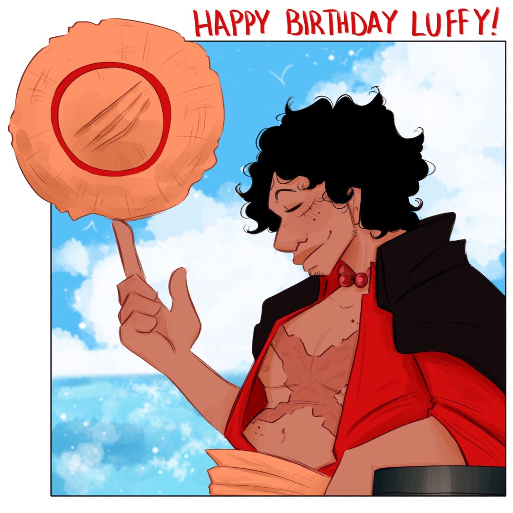 digital art of Luffy from One Piece (post timeskip) in his Onigashima raid outfit with a yellow sash. He spins his straw hat on on finger, leaning on a barrel. The background is a shot of the sea, and at the top of the image is red text reading "HAPPY BIRTHDAY LUFFY!"