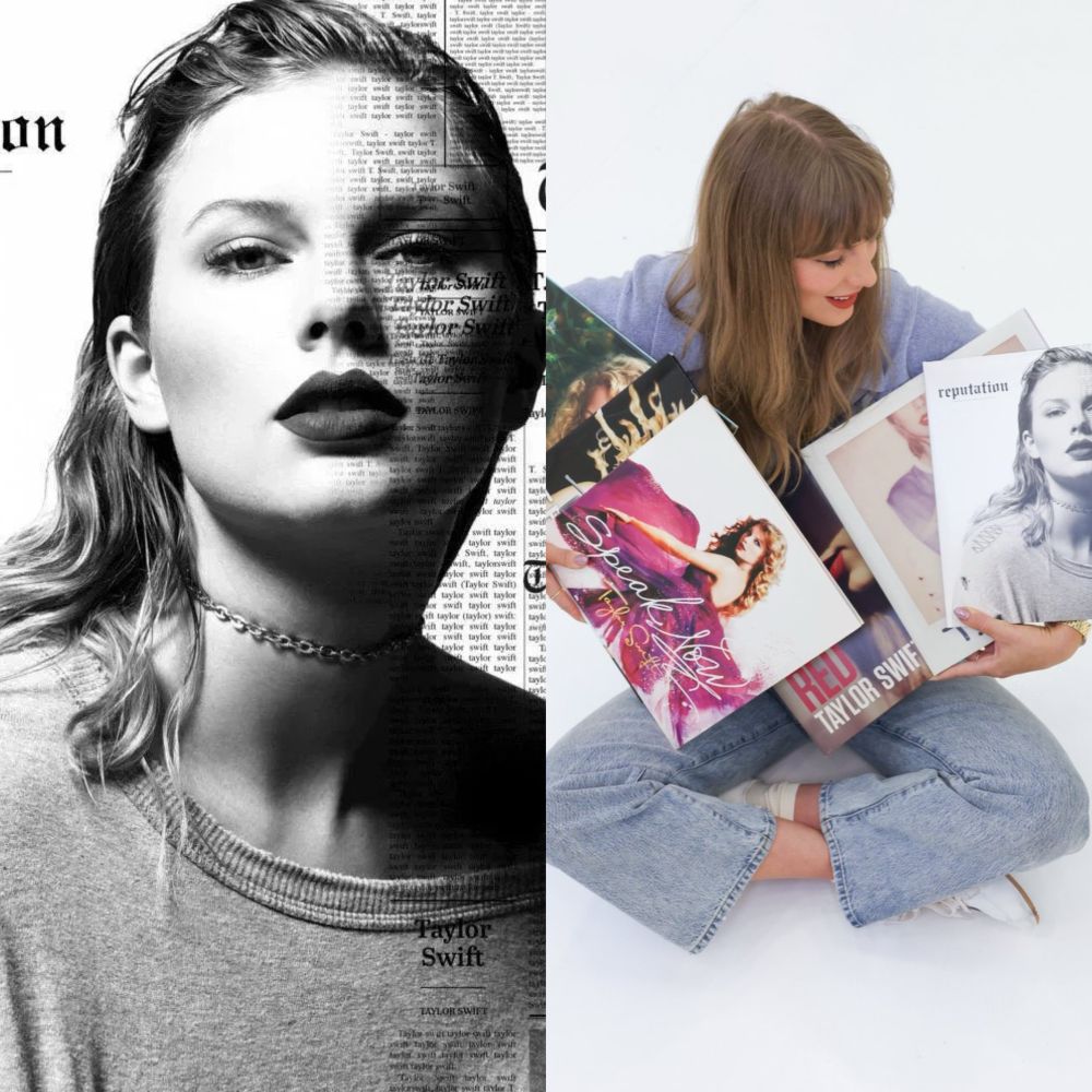 Collage of reputation cover and taylor with her first six albums