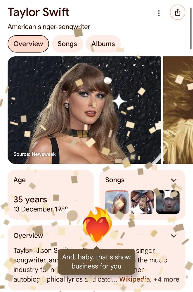 Screenshot showing gold/beige confetti when you look up Taylor’s name on google