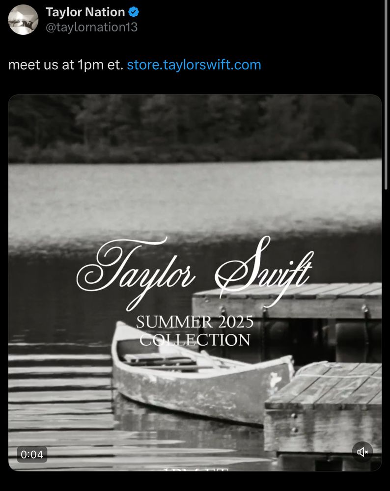 Screenshot of Taylor Nation’s post on “x” announcing the summer collection drop with a video in black and whote of a lake