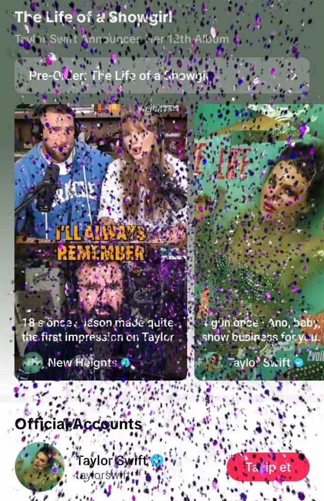 Screenshot of what happens when you loom up Taylor Swift on tiktok showing purple glitter on the screen