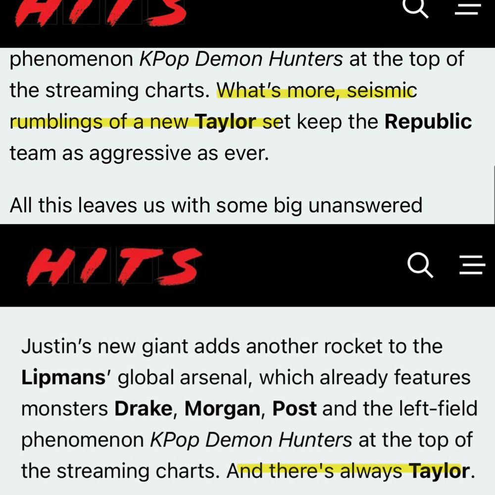 🚨| HITSDD have edited their article and removed the part that said “seismic rumblings of a new Taylor set