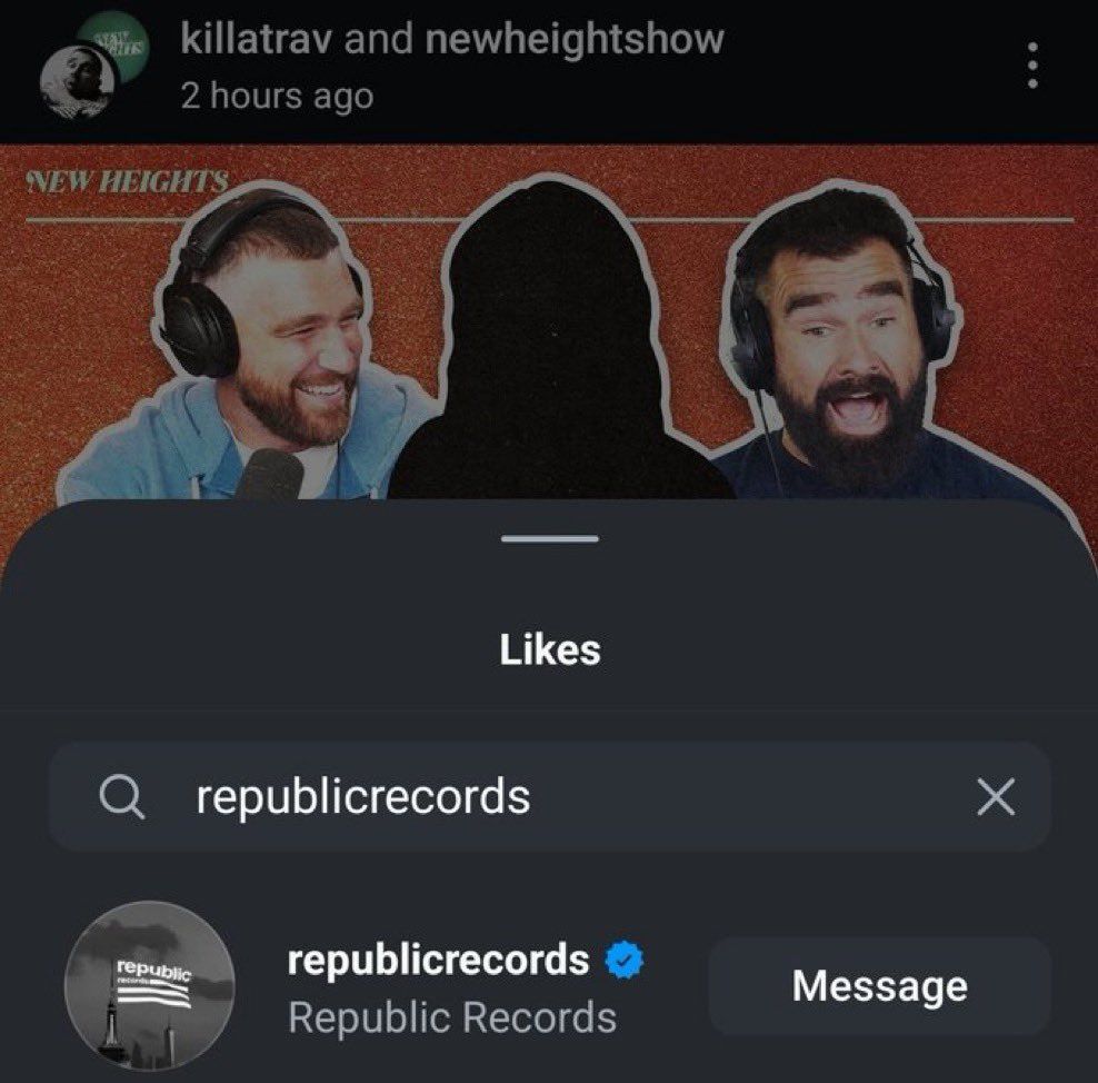 Screenshot showing the republic records account liking the “new heights” instagram account post teasing their surprise guest