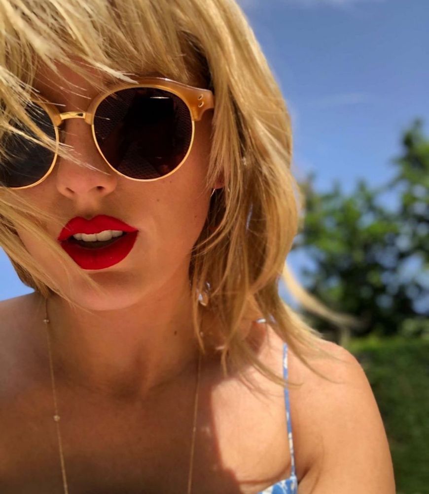 Selfie of Taylor Swift for the “Cruel Summer” single release photoshoot wearing sunglasses 