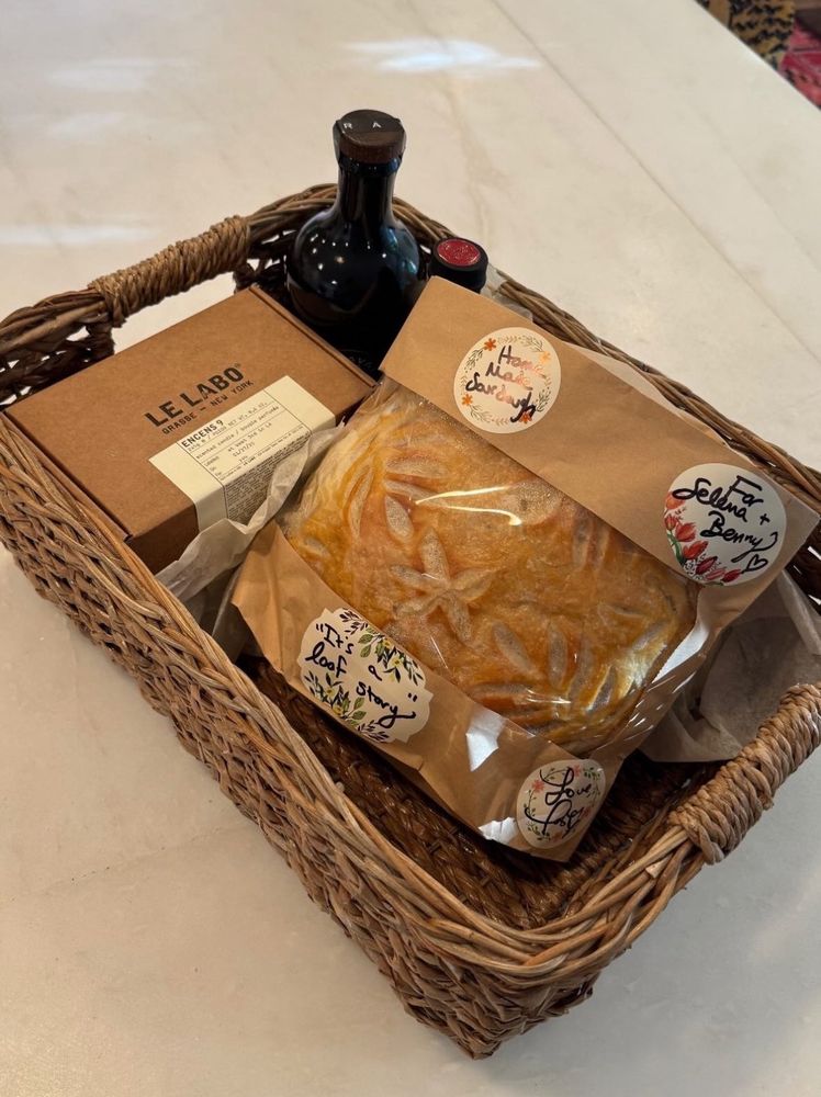 Gift basket Taylor sent Benny Blanco and Selena Gomez with a loaf of bread she baked herself!