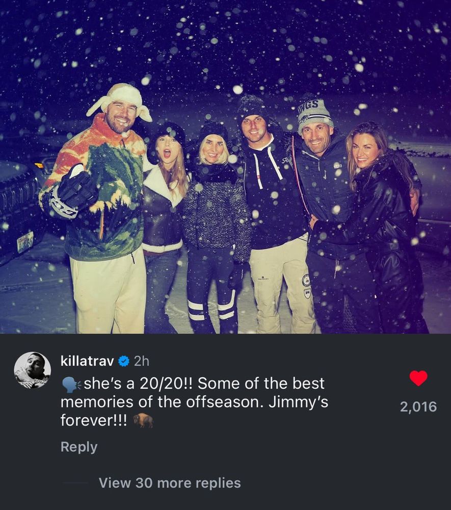Screen shot of a recent post of Taylor and friends in the snow under which Travis kelce commented 