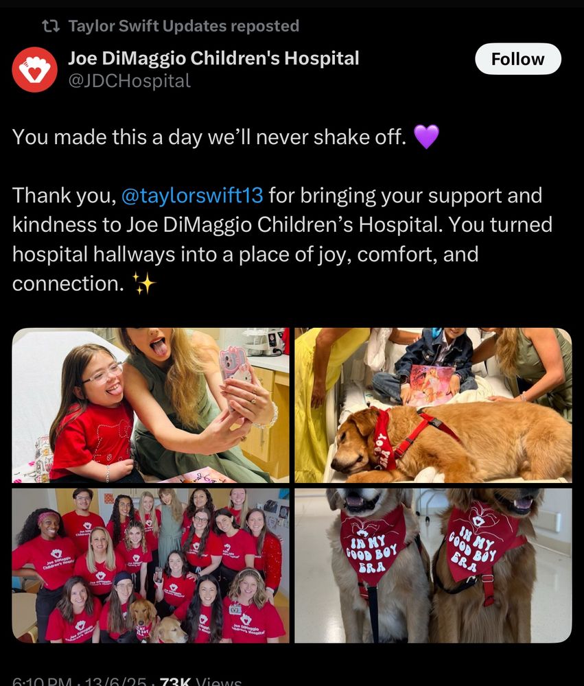 You made this a day we’ll never shake off. 💜

Thank you, @taylorswift13 for bringing your support and kindness to Joe DiMaggio Children’s Hospital. You turned hospital hallways into a place of joy, comfort, and connection. ✨