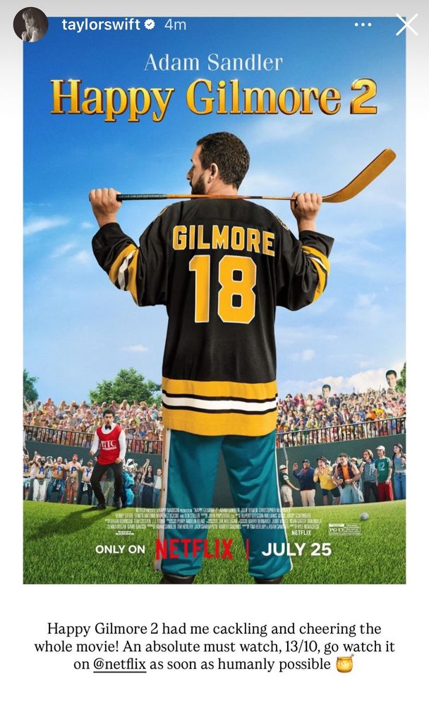 Screenshot of Taylor’s instagram story showing support for “Happy Gilmore 2”