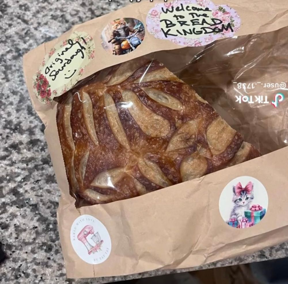 Sourdough loaf made by taylor. It is packaged in a brown bag with a clear strip in the middle. It has cat stickers. And a sticker with her handwriting on ig that says “welcome to the bread kingdom”