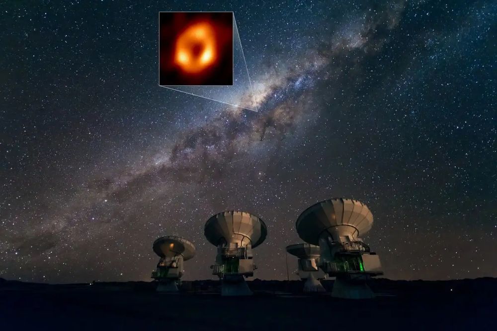 Image of the ALMA telescope with the night sky overhead. The image of Sagittarius A* taken by the event horizon telescope is superimposed on the night sky where it was observed 