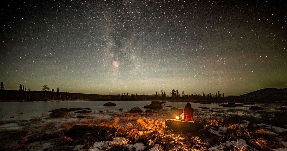 Photograph of the night sky over Abisko Sweden. A woman sits among grasses looking up. The milkyway stretches over head. 