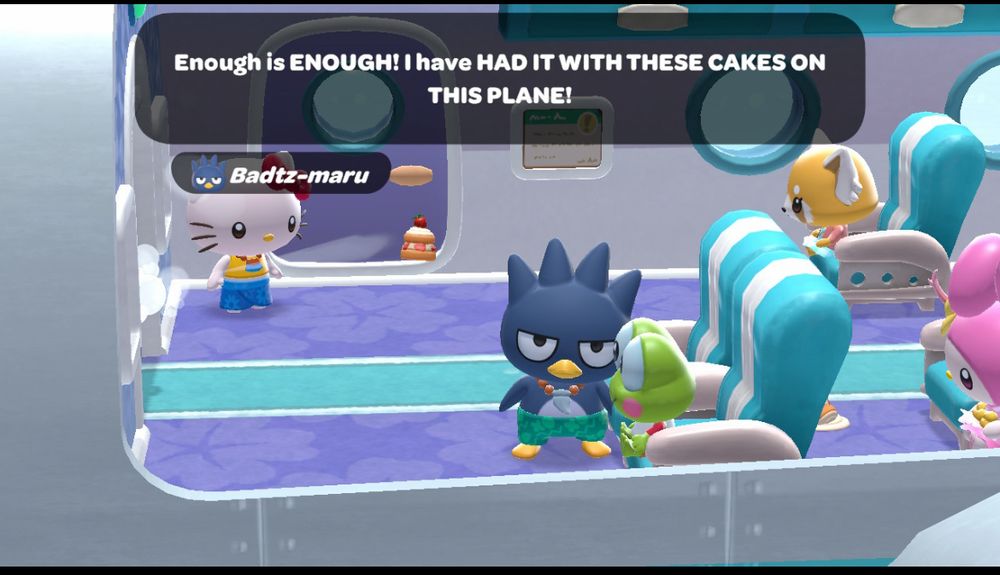 Badtz-maru on a plane, saying ‘Enough is enough! I have had it with these cakes on this plane!’ as a slice of strawberry cake flies near his head.