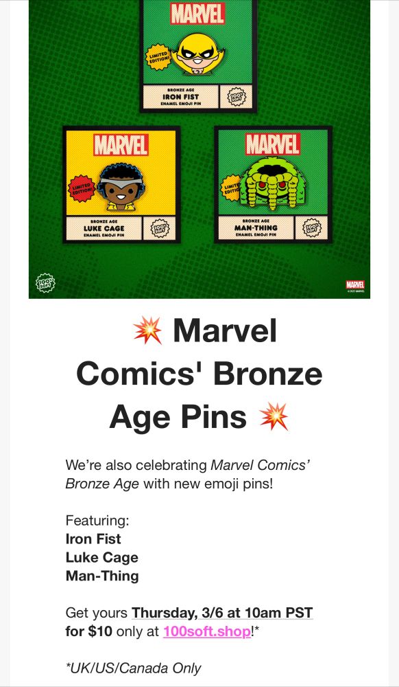 Marvel Comics Bronze Age pins of Iron Fist, Luke Cage and Man Thing